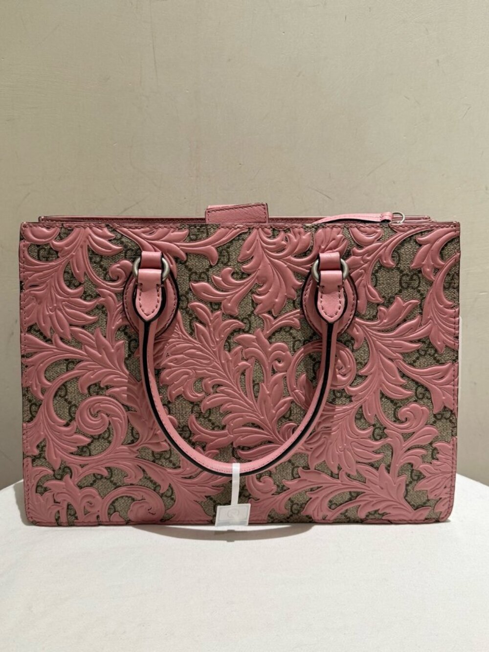 Gucci Arabesque Pink Embossed Leather & GG Canvas Tote Handbag